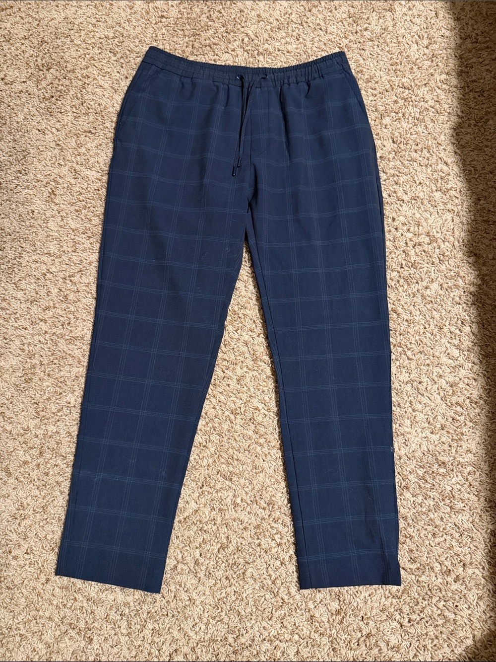 Zara Men's Dark Blue Windowpane Plaid Trousers